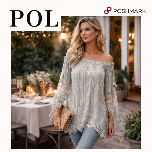 POL Tops - Anthro’s POL,Romantic Boho Off-Shoulder Lace Tassel Sleeve Top Rayon Size Large